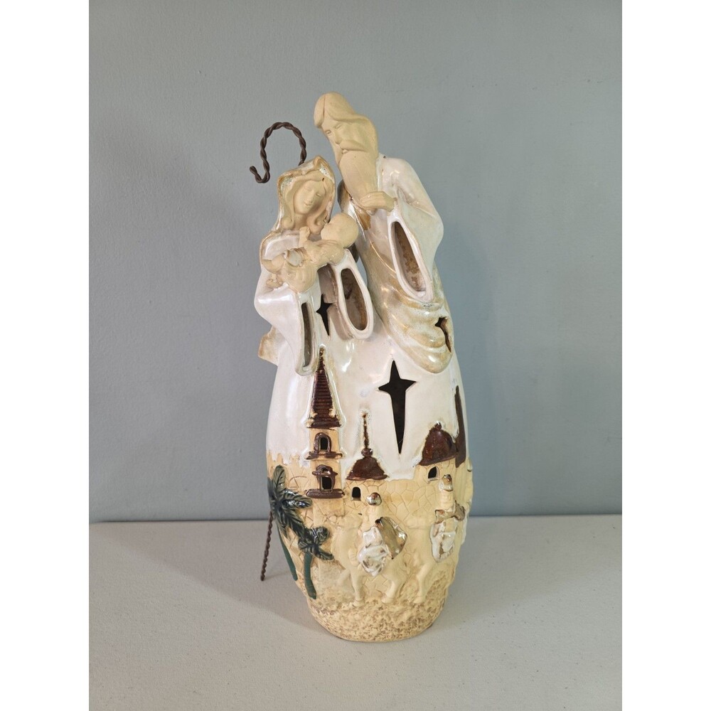 Vtg Ceramic Nativity Tea Light Candle Holder Large 16"Hx7"W Luminary Holy Family